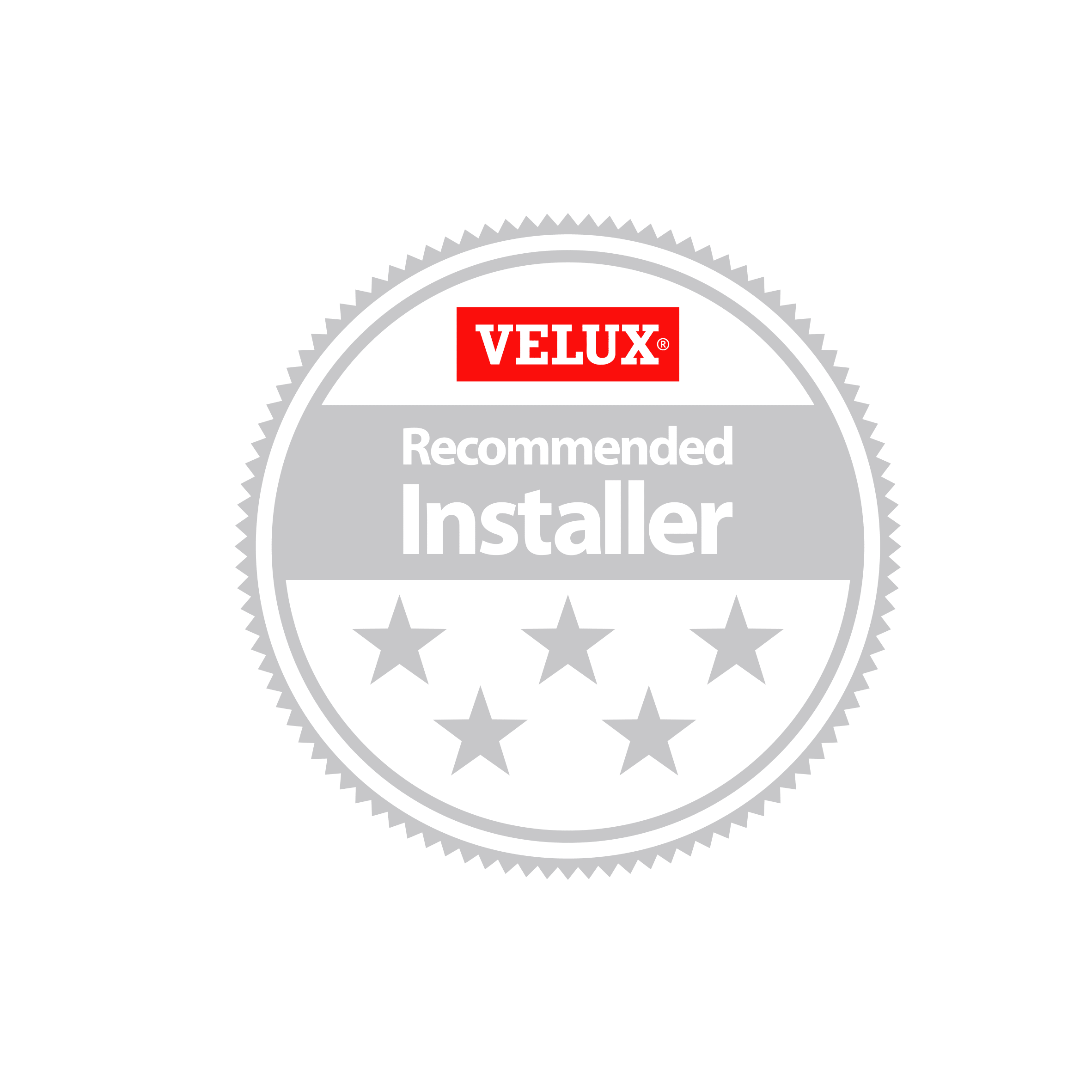 Velux Recommended Installer badge with red Velux logo, circular grey seal, and white text for installer recognition and approval
